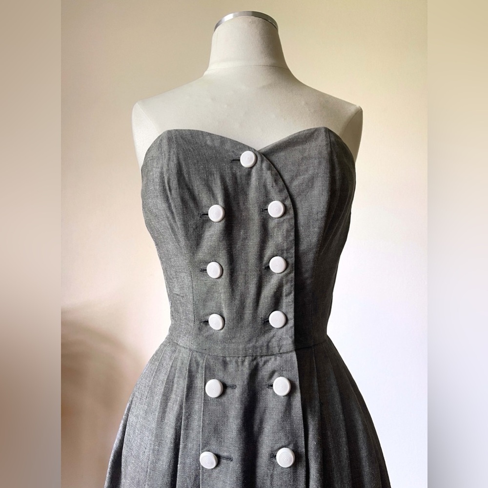 Vintage 1940s 1950s smoky gray strapless midi dress Koret of California XS